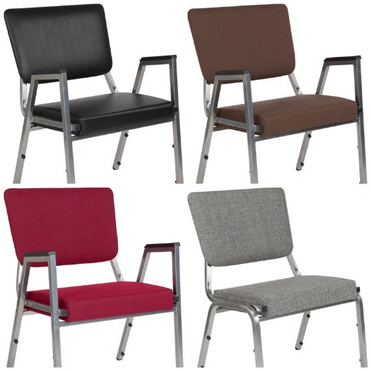 3/4 open panel back option with armrests comes in five colorways (black vinyl, brown fabric, burgundy fabric, and grey fabric) black fabric pictured in main photos