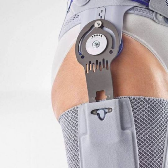 Close-up of adjustable hinge for controlled hip joint movement and stability