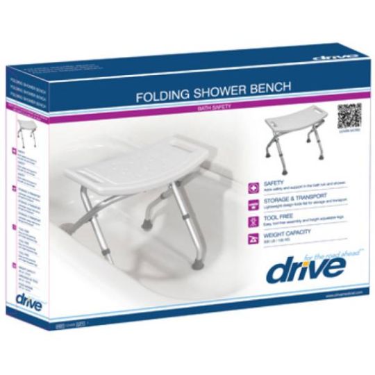 Drive folding shower bench packaging highlighting safety, portability, and tool-free setup