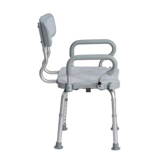 Side view of bath chair with padded armrests and backrest for added comfort and support