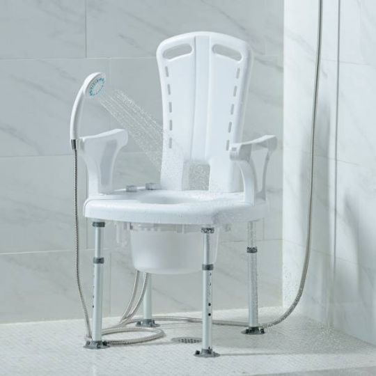 Shower chair in use with handheld sprayer, designed for seated, full-body cleansing