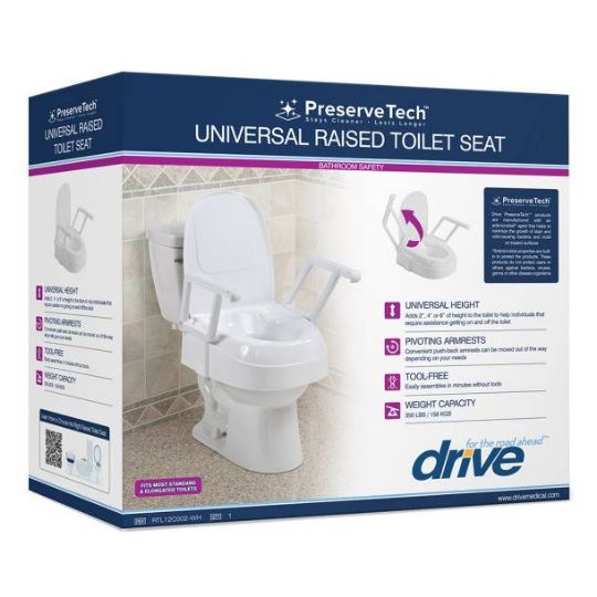 Packaging for preservetech universal raised toilet seat with adjustable height and pivoting armrests