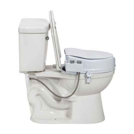 Side view of raised toilet seat with bidet, featuring adjustable water controls and easy connection for enhanced bathroom hygiene