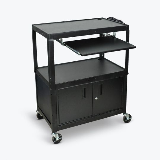 Extra-Large Steel AV Cart, with Keyboard Shelf and Cabinet