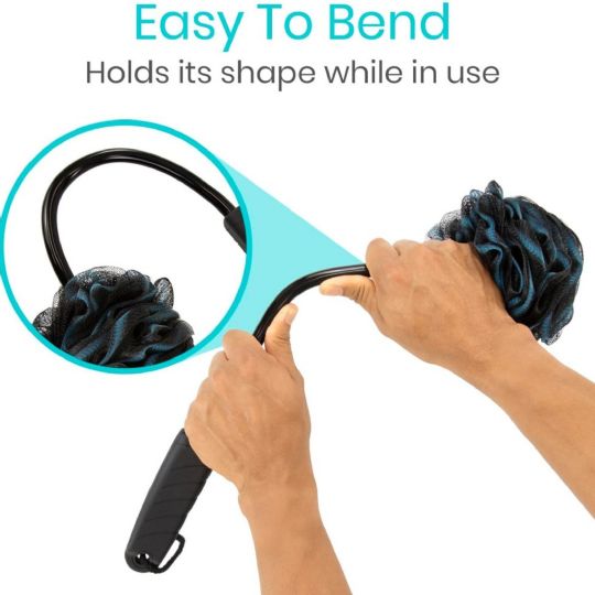 Bendable loofah brush holds its shape for easy use