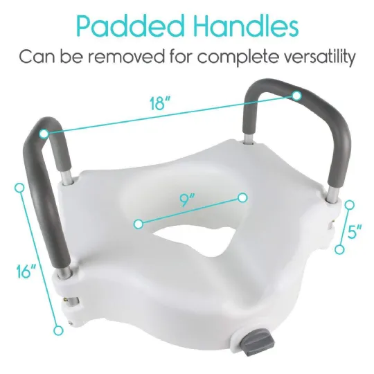 Raised toilet seat with removable padded handles for added versatility