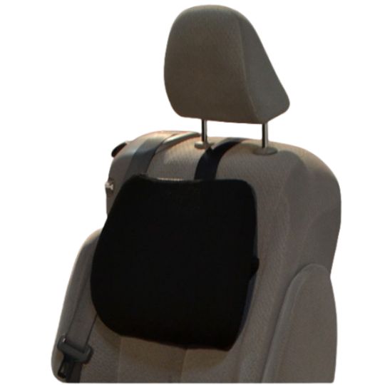 Adjustable lumbar support cushion attached to car seat for added comfort