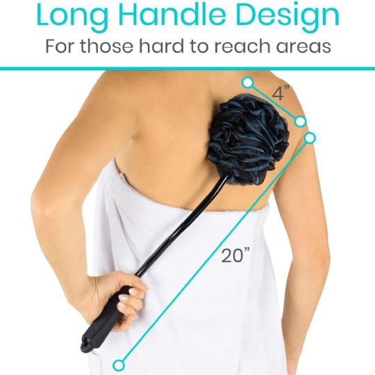 Long handle loofah brush for easy back cleansing