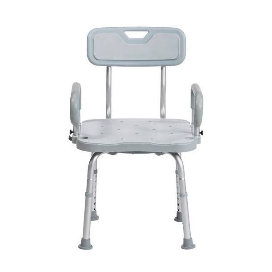 Front view of bath chair with padded backrest and armrests for added support