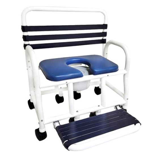 Bariatric Shower Commode Chair shown with 30in. wide seat & with Soft Touch Folding Footrest & 910 lbs wt capacity