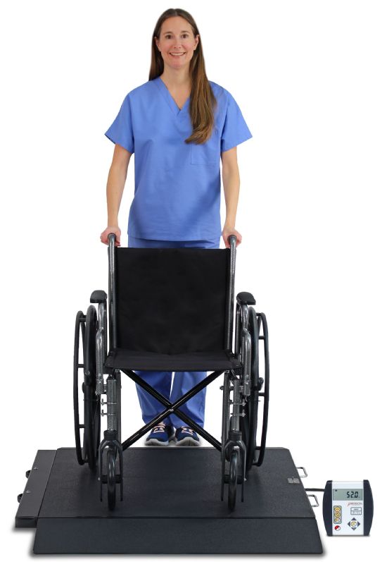 Frontal view of scale weighing wheelchair