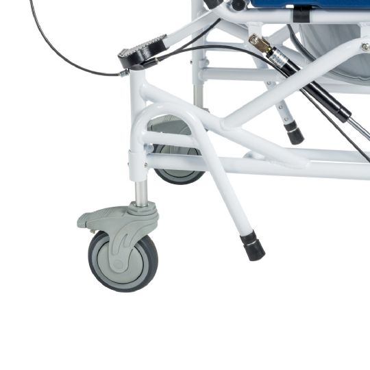 The chair's base features durable, smooth-rolling casters with a locking mechanism for stability and easy maneuverability.