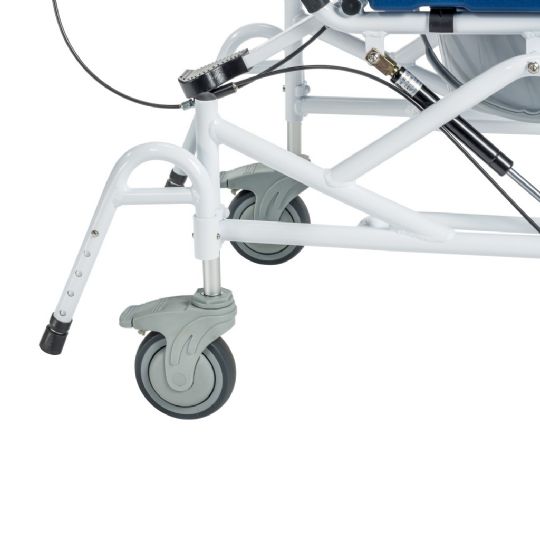 A close-up of the frame reveals a sturdy white powder-coated construction with adjustable components for customized positioning.