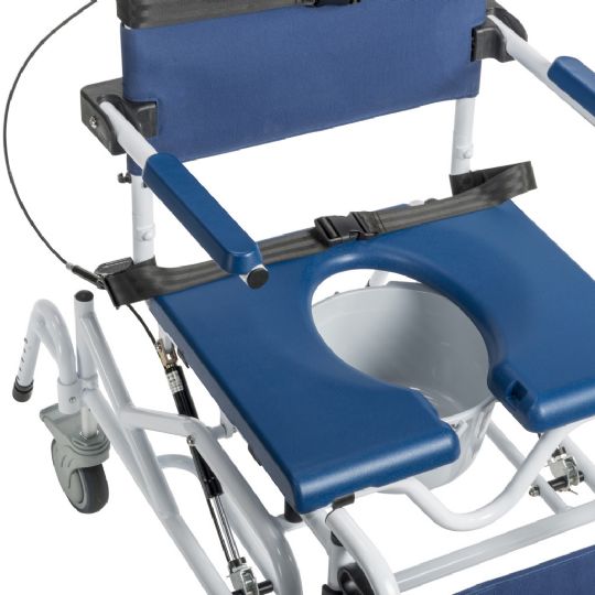 The seat design incorporates a commode opening with a padded blue surface and safety straps for user comfort and security.