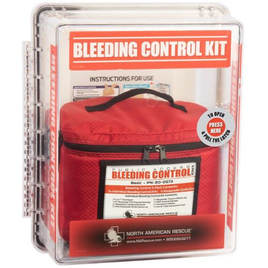 Public Access Bleeding Control Station - 5-Pack of Vacuum-Sealed Basic Kits in a Clear Polycarbonate Wall Case CLOSED