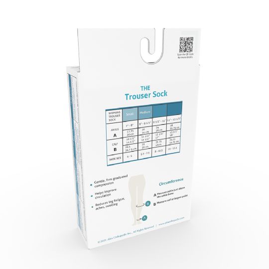 Back of packaging with sizing chart and compression benefits for womens trouser socks.