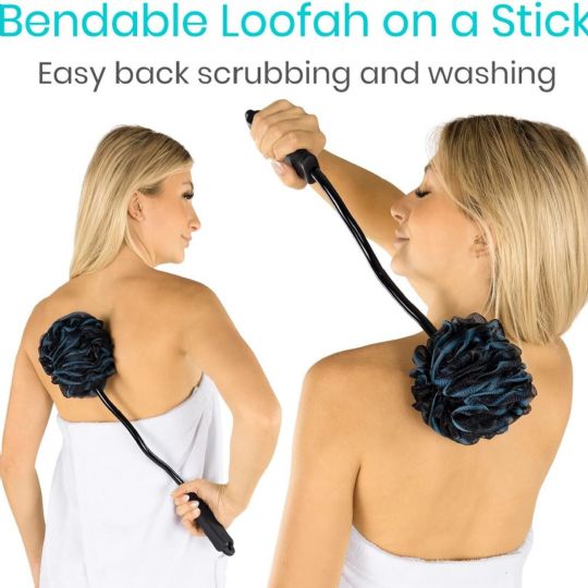 Bendable loofah brush for effortless back scrubbing and washing