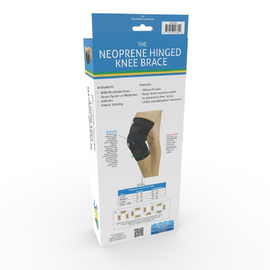 Back view of Neoprene Hinged Knee Brace packaging detailing features and sizing