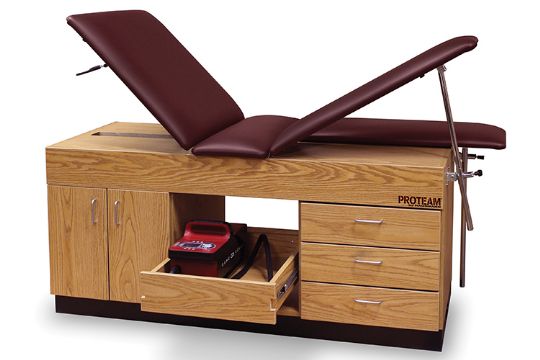 Hausmann PROTEAM Option Table pictured with optional backrest, split legs, rear cabinet, center drawer, and front drawers