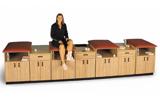 A9540, as shown above, is a 14 foot long Taping Station. Each 10 foot long Taping Station come standard with the drawers, cabinets, and openings as seen here. The 10-foot long Taping Stations come with 3 Seats instead of 4.