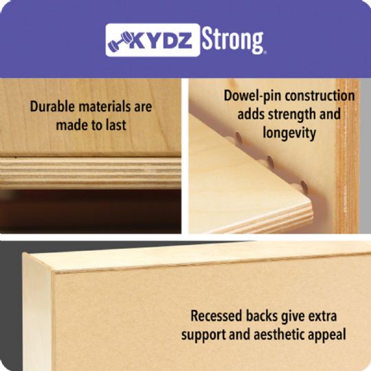 Kydzstrong construction with durable materials, dowel-pin joints and recessed backs