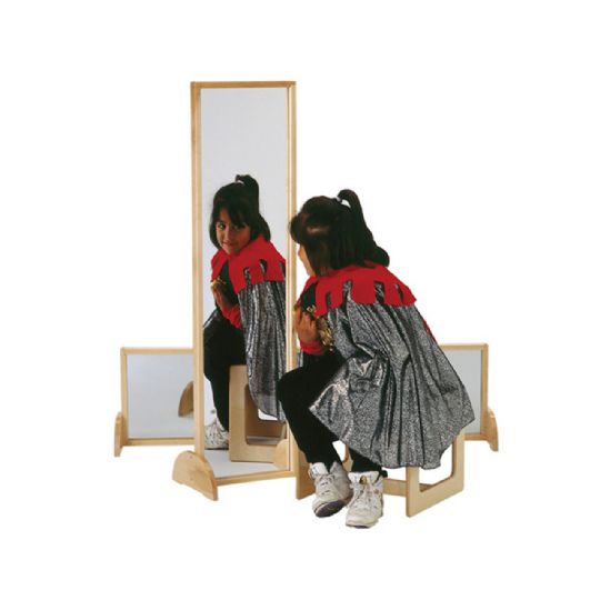 Child admiring their costume in a versatile jonti-craft acrylic mirror, perfect for imaginative play