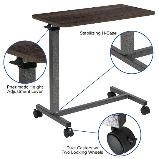 The table features a pneumatic height adjustment lever, stabilizing h-base, and four casters with two locking wheels