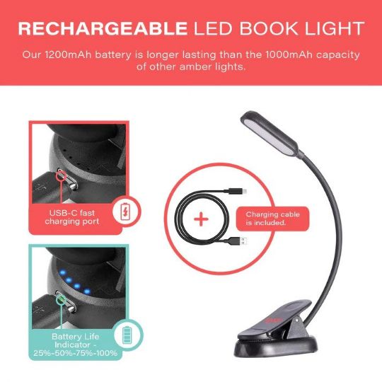 Book Lights feature a rechargeable battery (cable included)