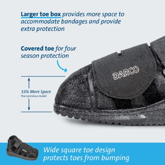 Large, covered toe offers comfort and year-round protection