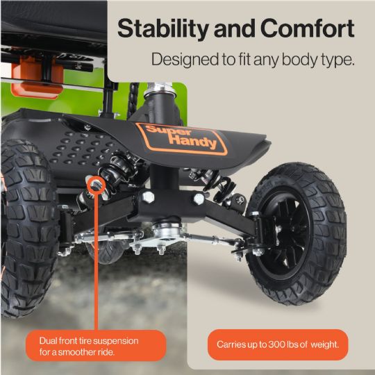 Offers off-road independent suspension for a smoother ride on uneven terrains