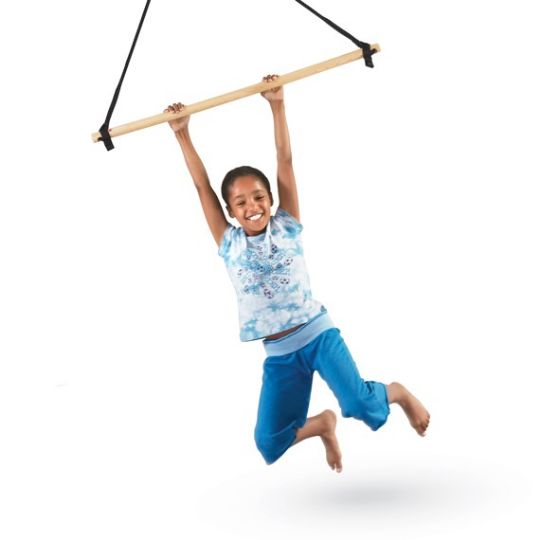 The Barrel Swing's hanging assembly also doubles as a trapeze bar. 