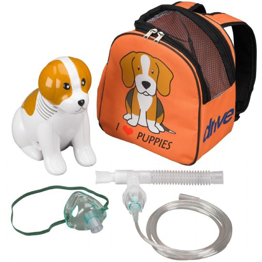 Includes a Doggy House Backpack, neb kit, mouthpiece, pediatric aerosol mask, replacement filter, and instructions. 