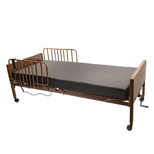 Homecare bed with side rails, adjustable frame, and mattress