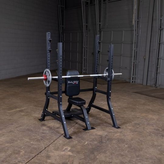 Bench showing with medium barbell and weights (barbell and weights not included)