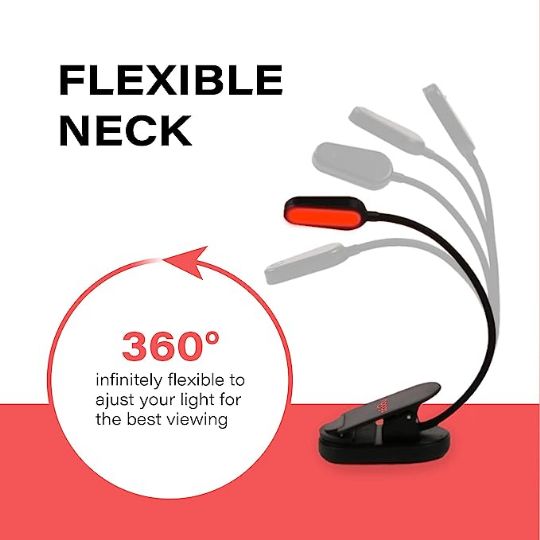 The Red Light Clip-On Book Light features a flexible neck