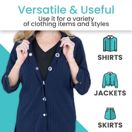 Versatile button helper works with shirts, jackets, and skirts