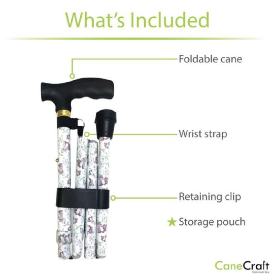 The cane comes with a wrist strap, retaining clip, and storage pouch