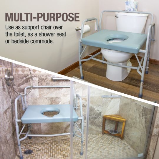 Use as a support chair over the toilet, as a shower seat, or bedside commode