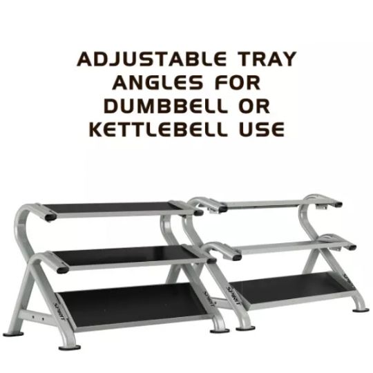 ST800DR3 3-Tier Dumbbell and Kettlebell Rack picture shows how the trays are adjustable for varying use