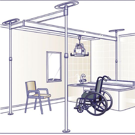 Rendering of Voyager Portable Ceiling Lift with Easytrack 3 Post with Tub Bracket System