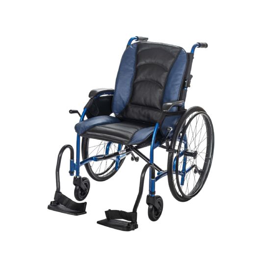 Shown above with a blue/black leather seat and 24-inch wheels (self-propelled wheels)