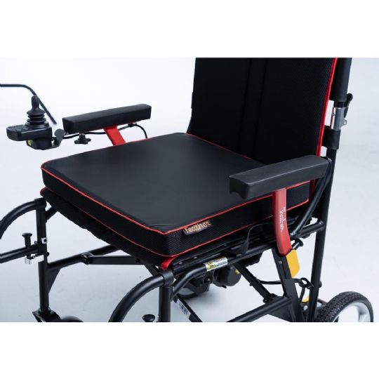 Foam Wheelchair Cushions shown in red and in use