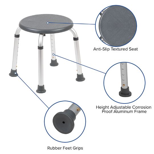 The stool features rubber grip feet, anti-slip seat texture, and a height adjustable corrosion proof aluminum frame