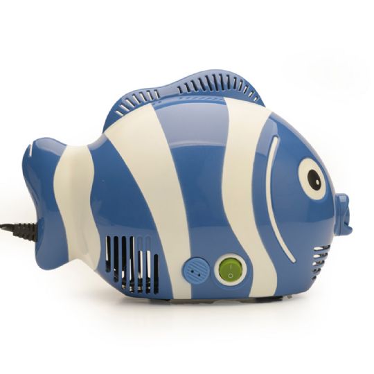 Blue fish-shaped pediatric nebulizer designed for fun and easy breathing treatments