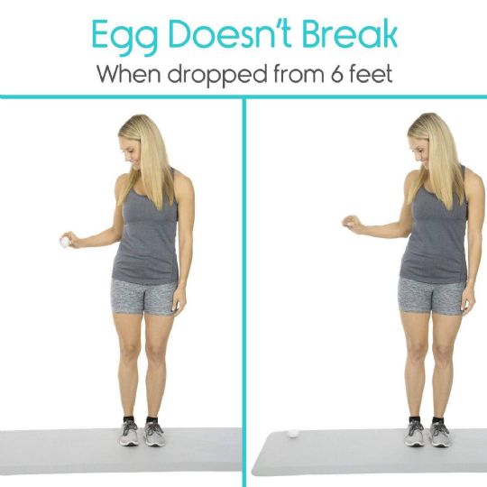 Picture shows how the egg doesn't break when dropped on top of the mat