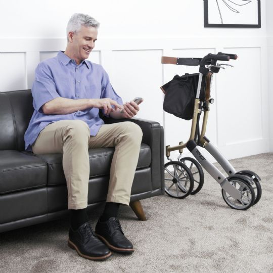 Rollator will fold standing up for easy storage