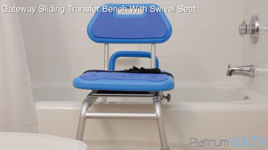 The Swivel Seat on the Gateway Sliding Tub Transfer Bench allows users to sit facing a comfortable direction