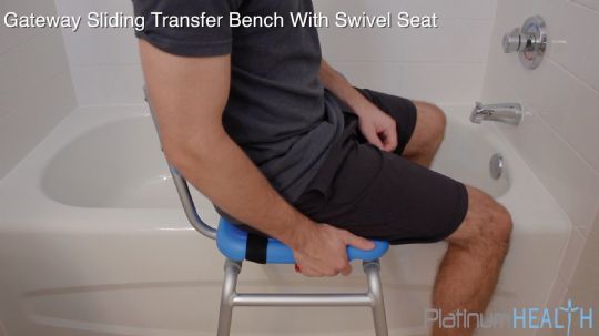 The Swivel Seat on the Gateway Sliding Tub Transfer Bench allows users to sit facing left or right.