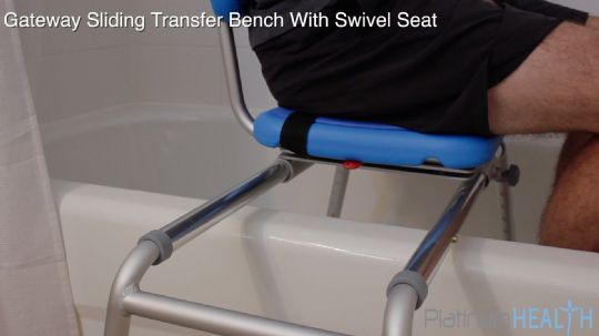 The Swivel Seat on the Gateway Sliding Tub Transfer Bench allows users to slide into the tub or shower with ease