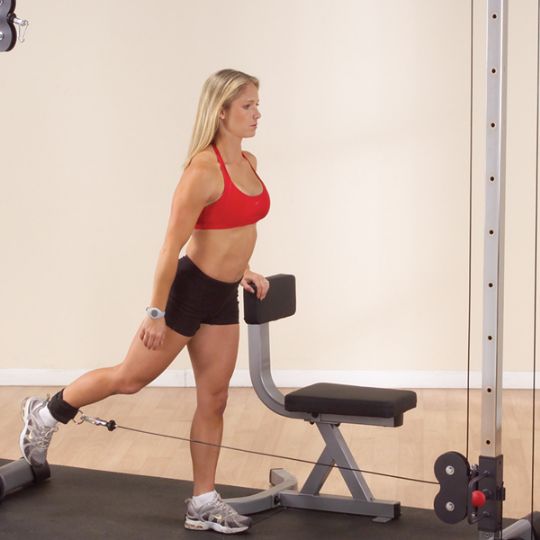 Perform hundreds of strength efficient exercises, including leg kickbacks. 